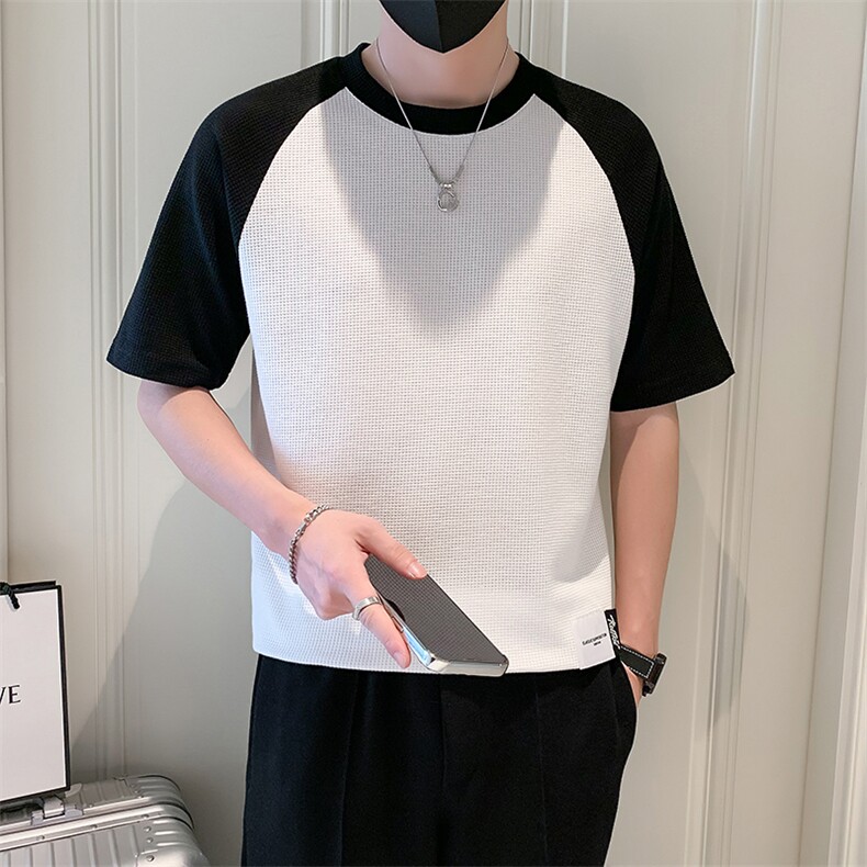 2025新款夏季短袖T恤男潮牌华夫格拼接半袖体恤A313-1-32342-P38,男装T恤,电商A313-1