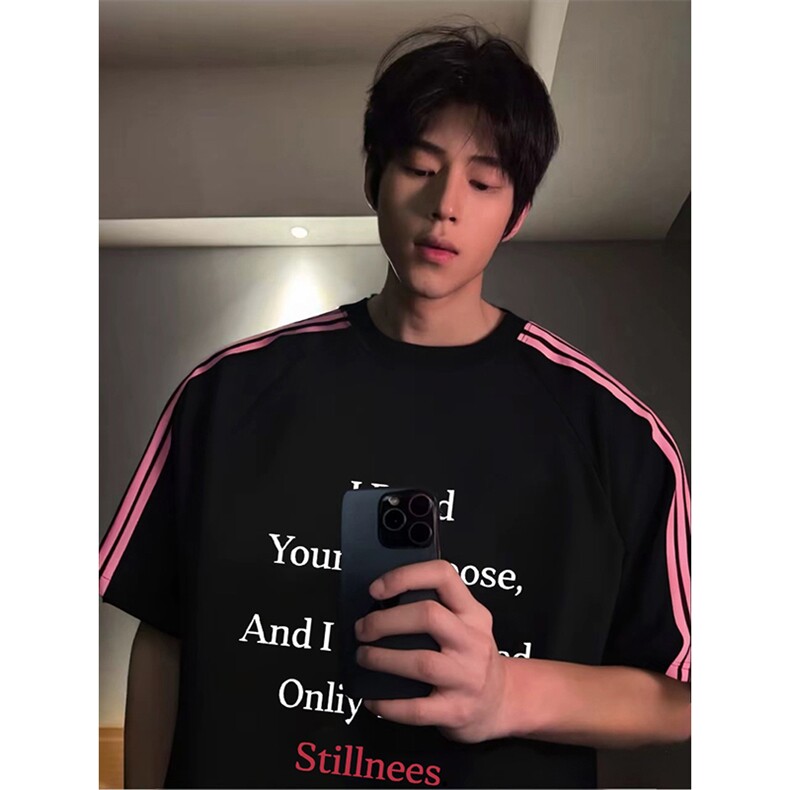 抖音得物品质二开240克宽松纯棉美式潮牌印花三条杠中性风短袖T恤，男装T恤，电商A486-1