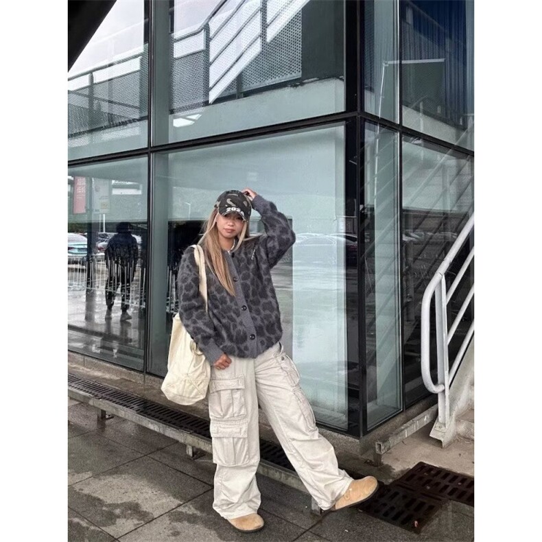 美式复古豹纹提花马海毛开衫毛衣男女秋冬宽松百搭慵懒针织衫外套,男装针织衫/毛衣,星座506A