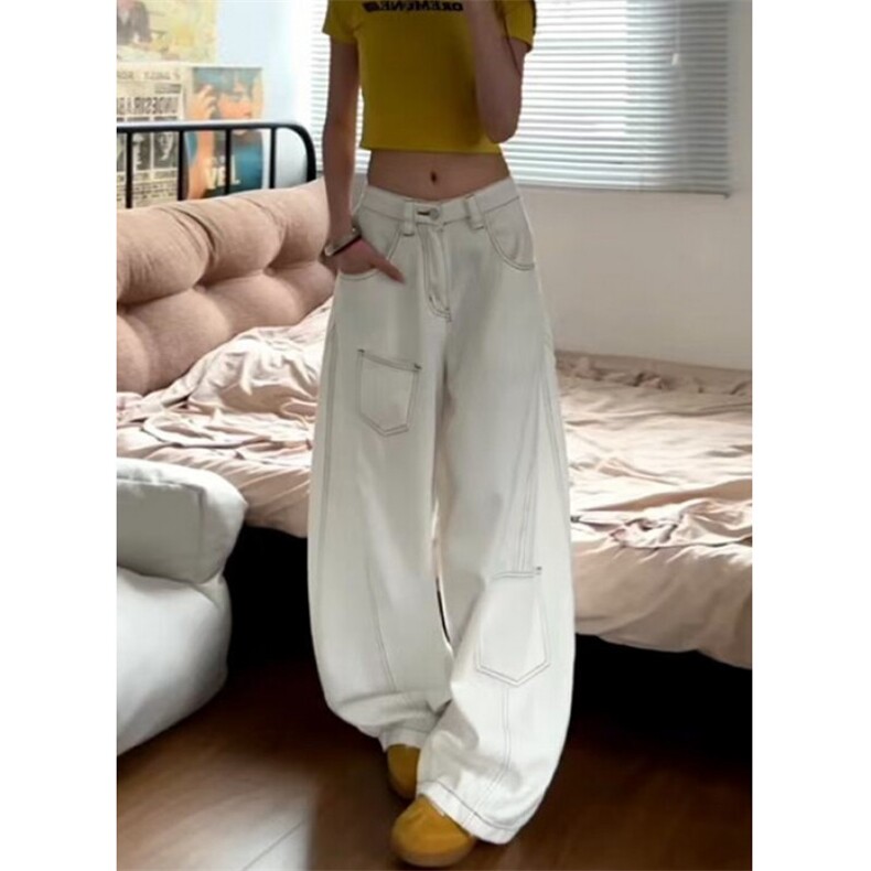 甜酷辣妹美式白色弯刀牛仔裤女设计感宽松高腰阔腿裤子L8279-P48图片