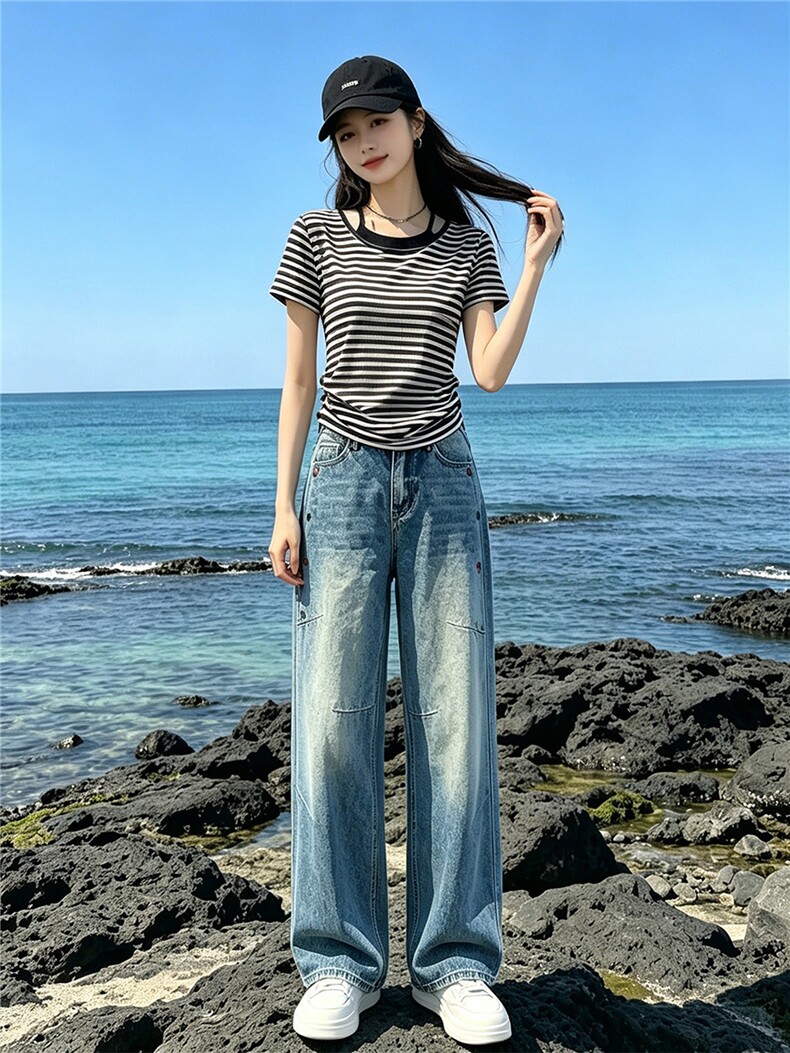 洋气时髦休闲时尚套装女夏新款圆领条纹短袖上衣直筒牛仔裤两件套,女装套装/套裙,江南