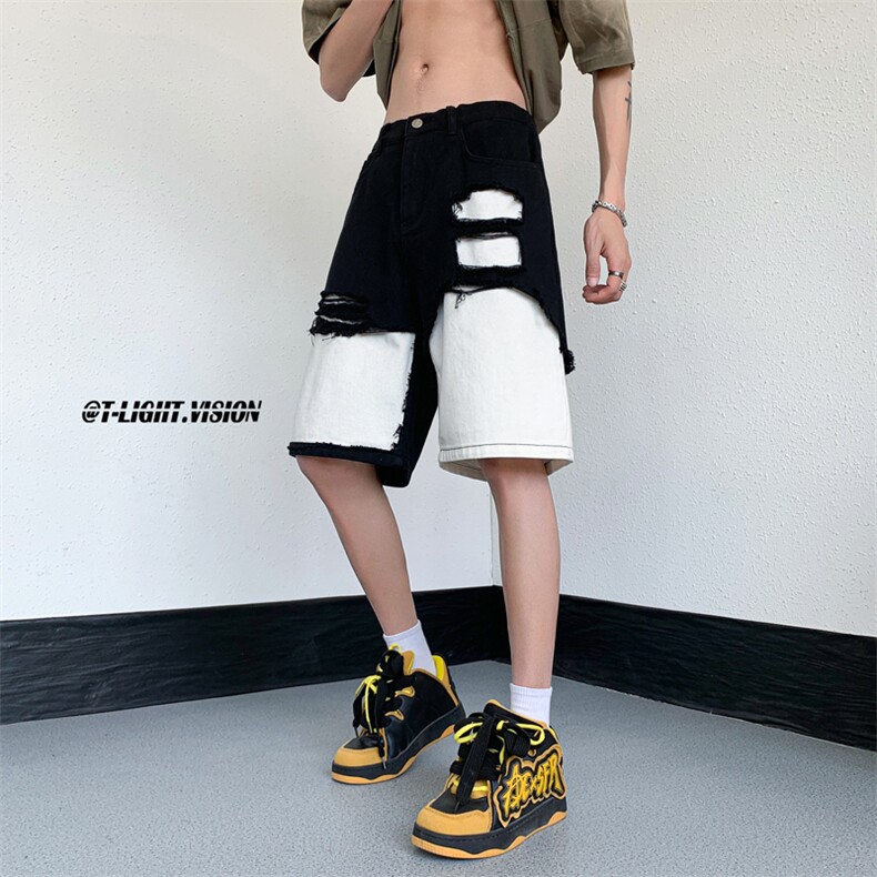 B221美式ins高街小众休闲拼接牛仔短裤五分裤LK23077-P55控78,男装牛仔裤,电商B221