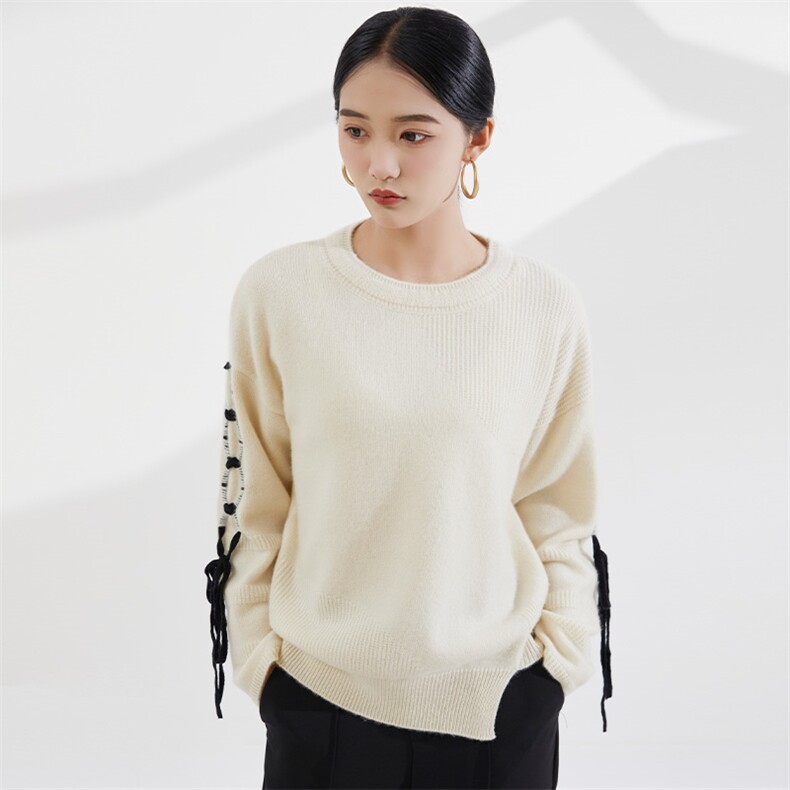 秋冬季新款女时尚百搭显瘦圆领长袖绑带羊绒衫,女装羊绒衫,恒爱羊绒