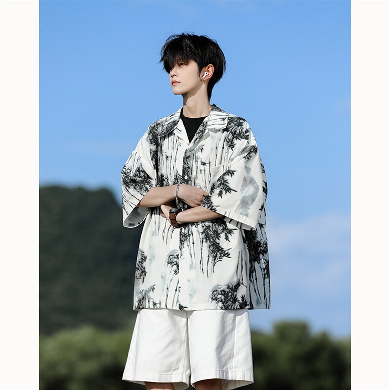 水墨花卉短袖花衬衫冰丝度假痞帅衬衣高级感夏威夷外套DC5015/P35,男装衬衫,电商B238