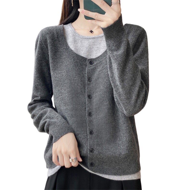 秋冬圆领拼色假两件100%纯羊毛衫女叠穿宽松休闲羊绒针织外套内搭,针织衫/毛衣,忠诺羊绒