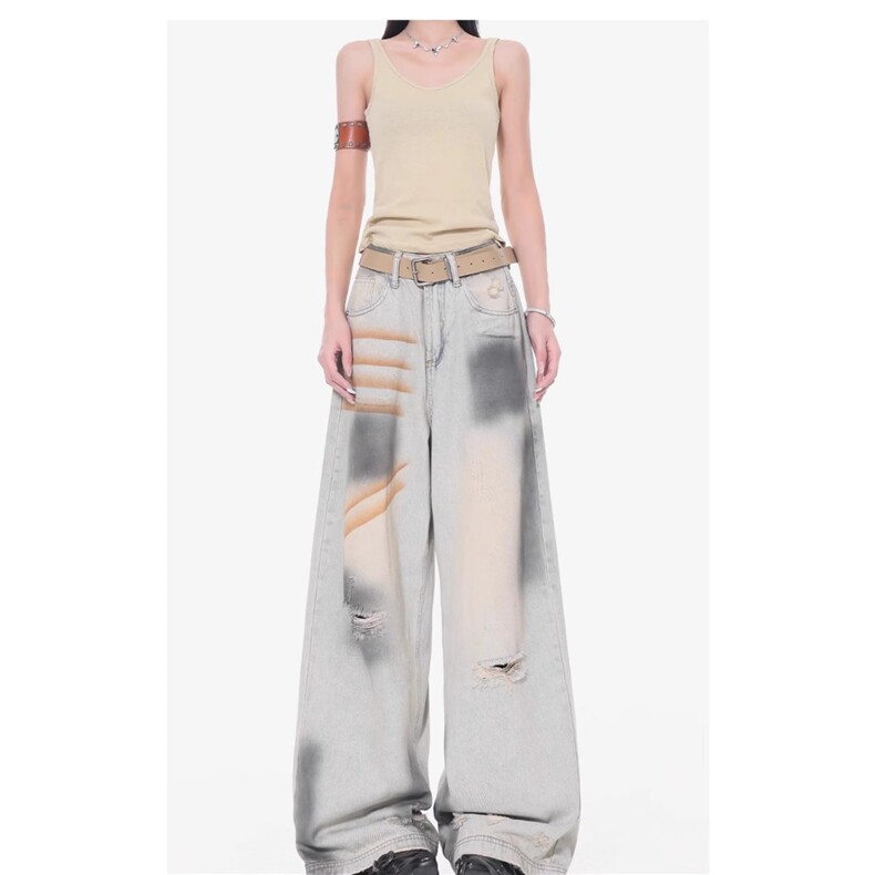 美式高街破洞做旧水洗牛仔裤女夏季款嘻哈高腰宽松显瘦阔腿裤，男装牛仔裤，星座516A