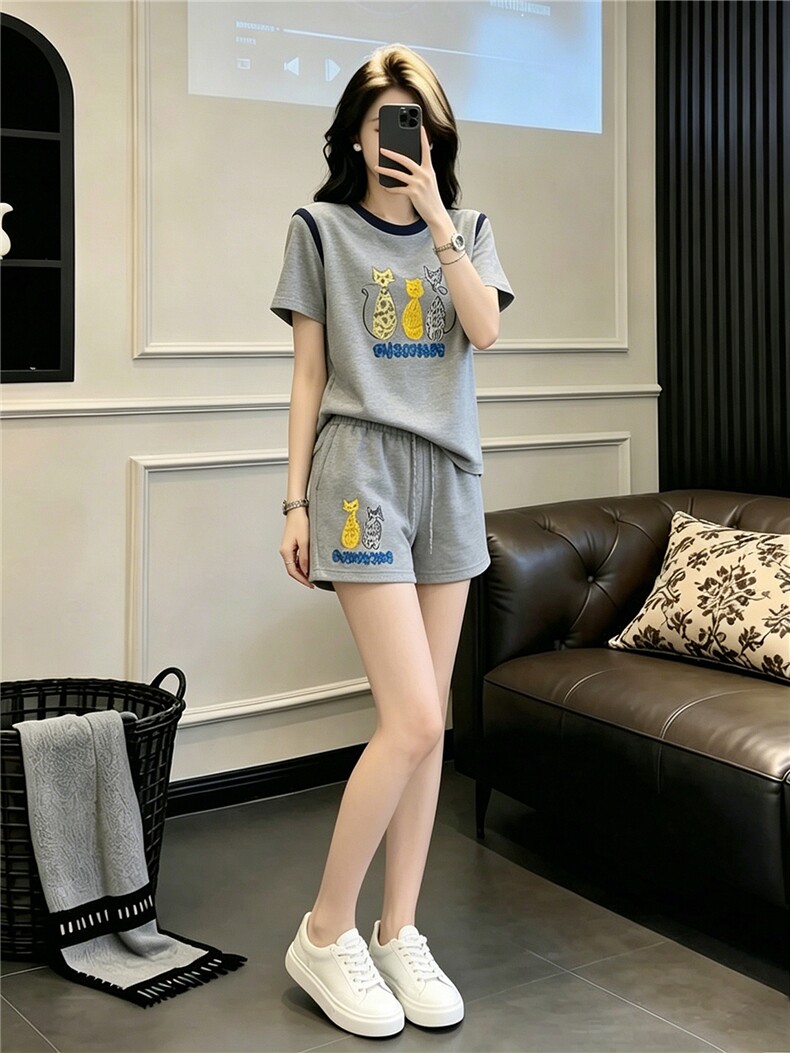 甜美时尚休闲套装女夏季新款显瘦圆领印花刺绣上衣阔腿短裤两件套,女装套装/套裙,江南