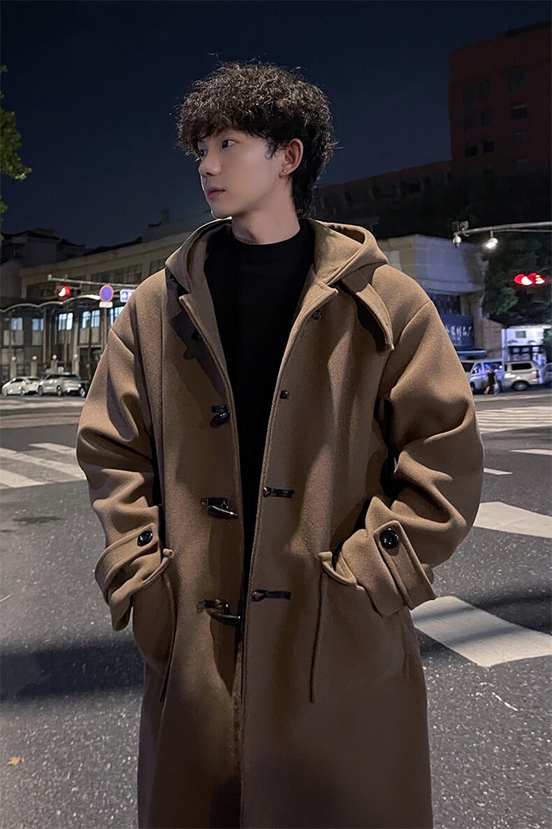 秋冬牛角扣连帽毛呢大衣男港风宽松风衣外套MN00706/P125加棉P135,男装风衣,电商B316