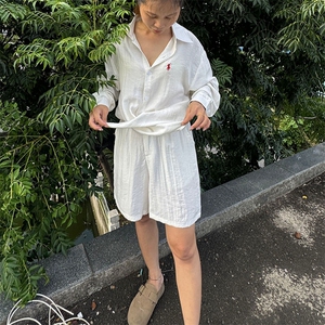 高级慵懒学院风男女长袖衬衫短裤棉麻透气凉爽套装高质量TC01图片