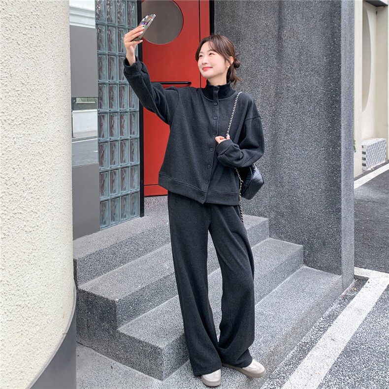 灰色松弛感加绒加厚立领卫衣两件套女2025冬季新款学院风显瘦卫裤，女装套装/套裙，艾米莉亚