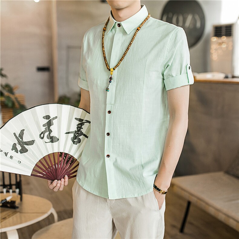立领2021年中国风青春流行夏季五分袖上班刺绣直筒衬衫麻麻,男装衬衫,星座1512