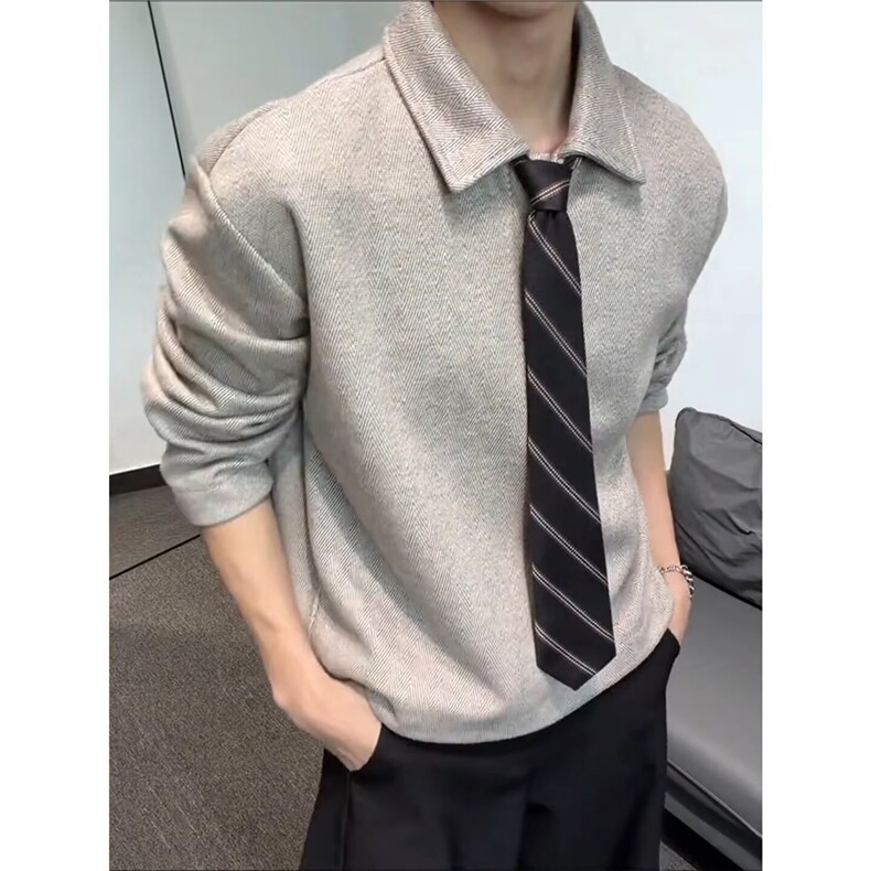 美式复古polo翻领卫衣男款春季老钱风领带长袖上衣宽松学院风外套，女装短外套，星座715-4