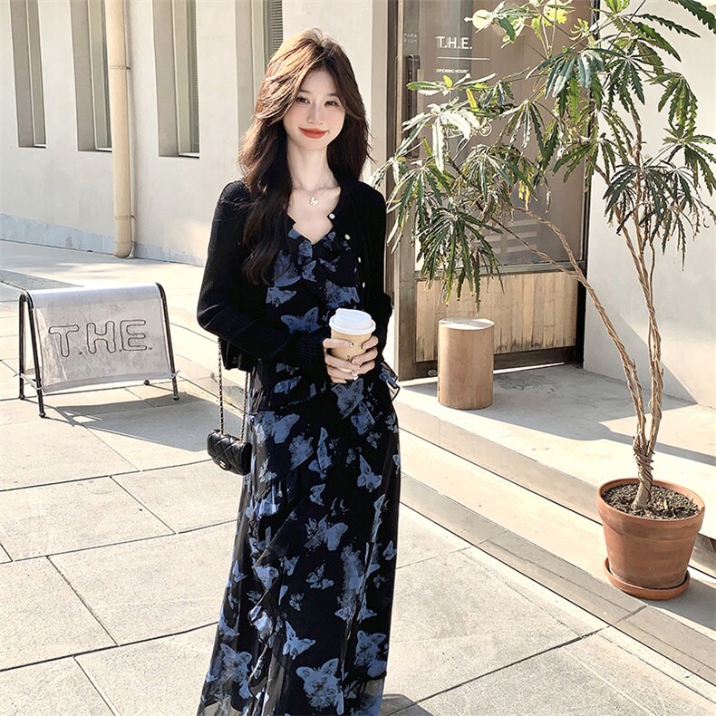 温柔系穿搭印花吊带裙套装女夏新款海边度假防晒开衫两件套连衣裙,女装套装/套裙,2C122