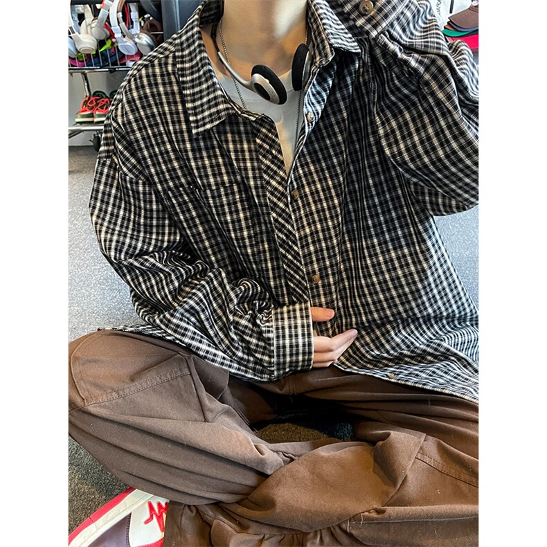 日系复古格子衬衫长袖宽松慵懒松弛感衬衣外套男C2225-特价35,男装衬衫,电商A007