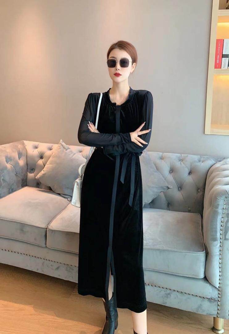 秋款气质金丝绒连衣裙M一XXL，女装连衣裙，名门秀