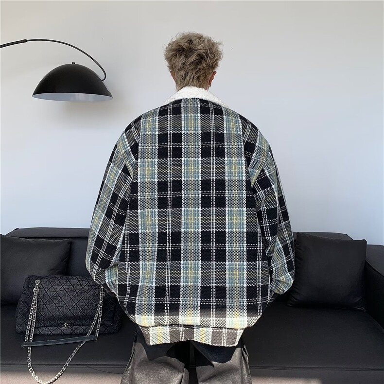 美式复古外套男秋冬季羊羔毛棉服加厚小香风宽松格子棉M8029P88,男装棉衣,星座1116-2