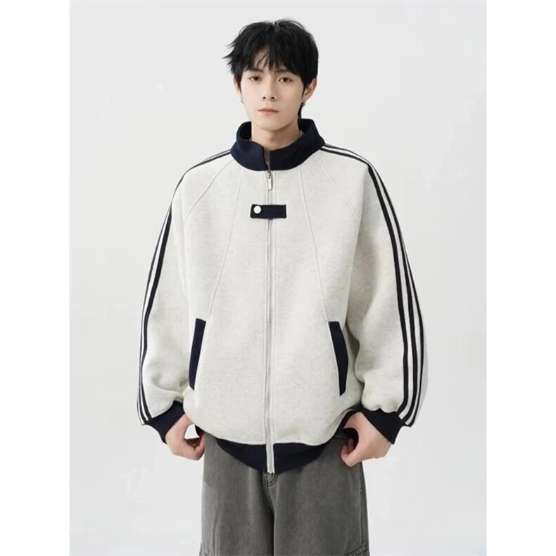 抖音得物品质秋冬美式高街重磅结构拼接织带翻领卫衣夹克外套W113,男装夹克,电商A486