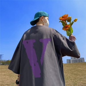 V字休闲短袖T恤男潮牌潮流ins情侣上衣服美式高街夏季宽松五分袖图片