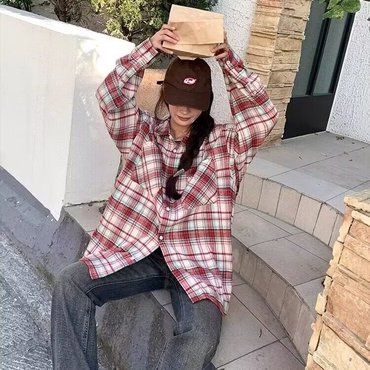 CS13-P30 长袖衬衫男女2025春季新款韩版潮流日系复古格子翻领图片
