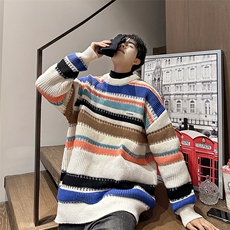 2024新款冬季圆领针织衫男慵懒条纹拼接情侣套头毛衣M1620-P50，男装针织衫/毛衣，星座512-4