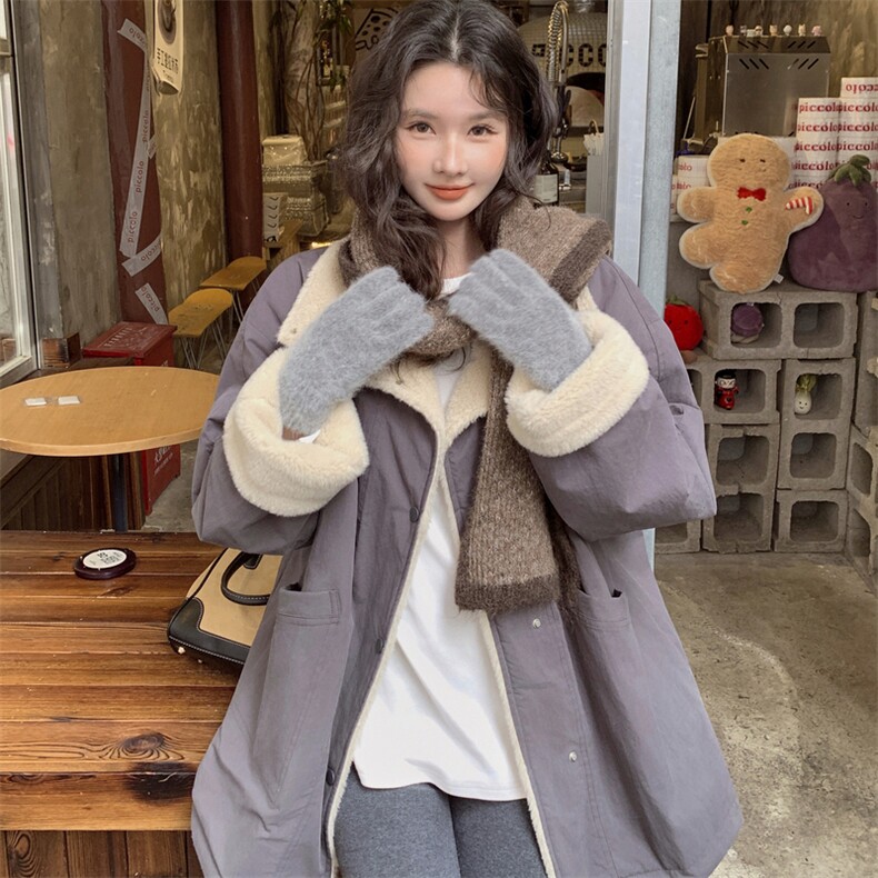 暗紫色羊羔毛外套派克服女冬季小个子中长款棉衣棉袄,女装棉衣/棉服,2C120