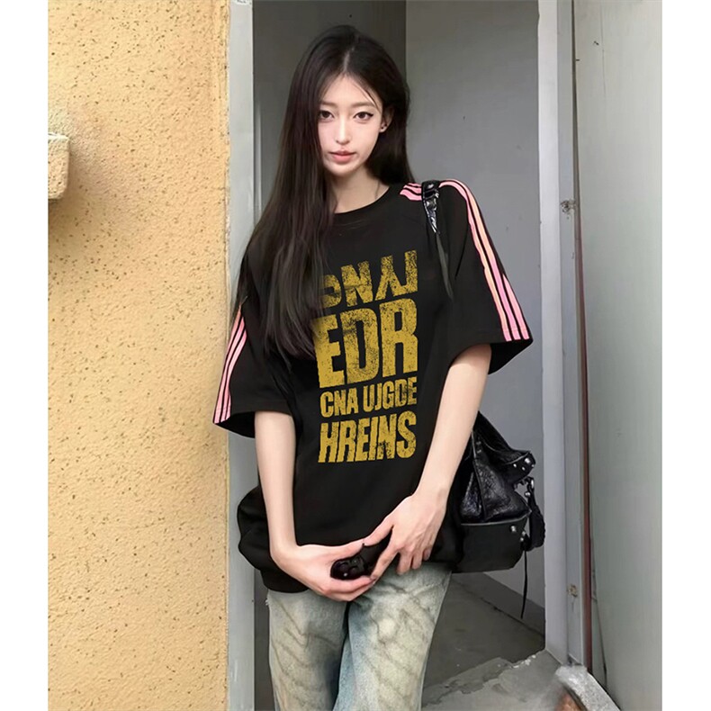 抖音得物品质二开240克宽松纯棉美式潮牌印花三条杠中性风短袖T恤,男装T恤,电商A486
