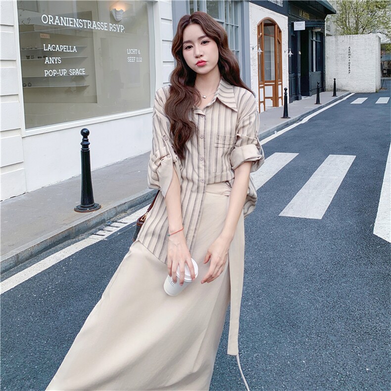 现货！竖条纹休闲衬衫+半身裙时尚套装2C118-T832-P170控248，女装套装/套裙，2C118