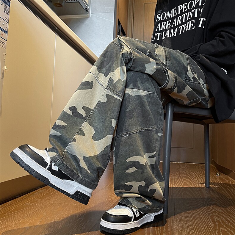 秋季迷彩裤美式伞兵工装裤男直筒阔腿牛仔裤拖地休闲裤子KZ003P68，男装休闲裤，电商B312