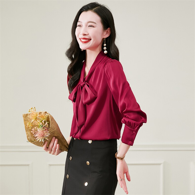 真丝绸衬衫女装春秋2026新款真丝上衣蝴蝶结系带气质高级感衬衣,女装衬衫,阿舍尔精品