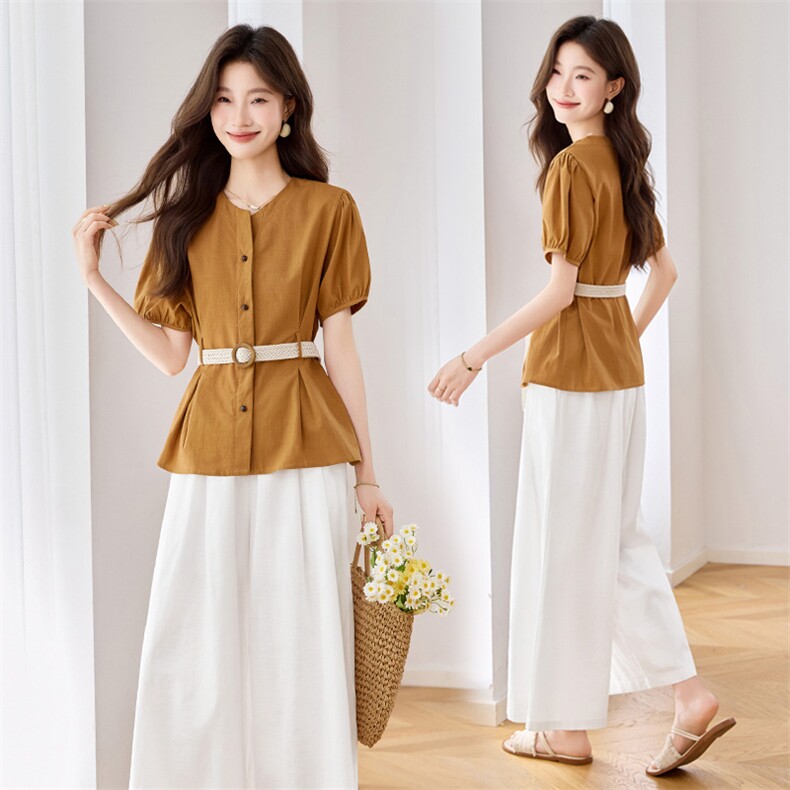 时尚套装女夏季2025新款轻奢高级感法式掐腰衬衫九分阔腿裤两件套，女装套装/套裙，江南富贵女