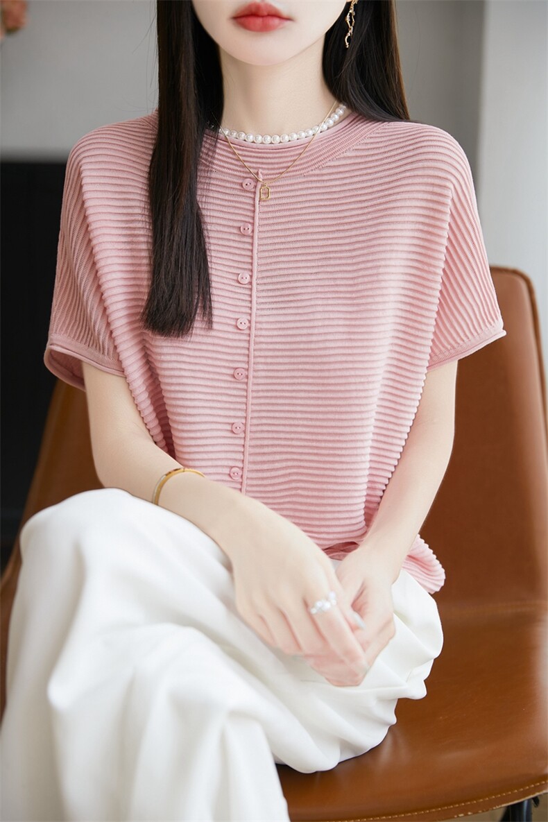 2025夏季新款天丝针织短袖T恤女装圆领套头纯色轻薄气质百搭上衣,女装T恤,暖烁羊绒