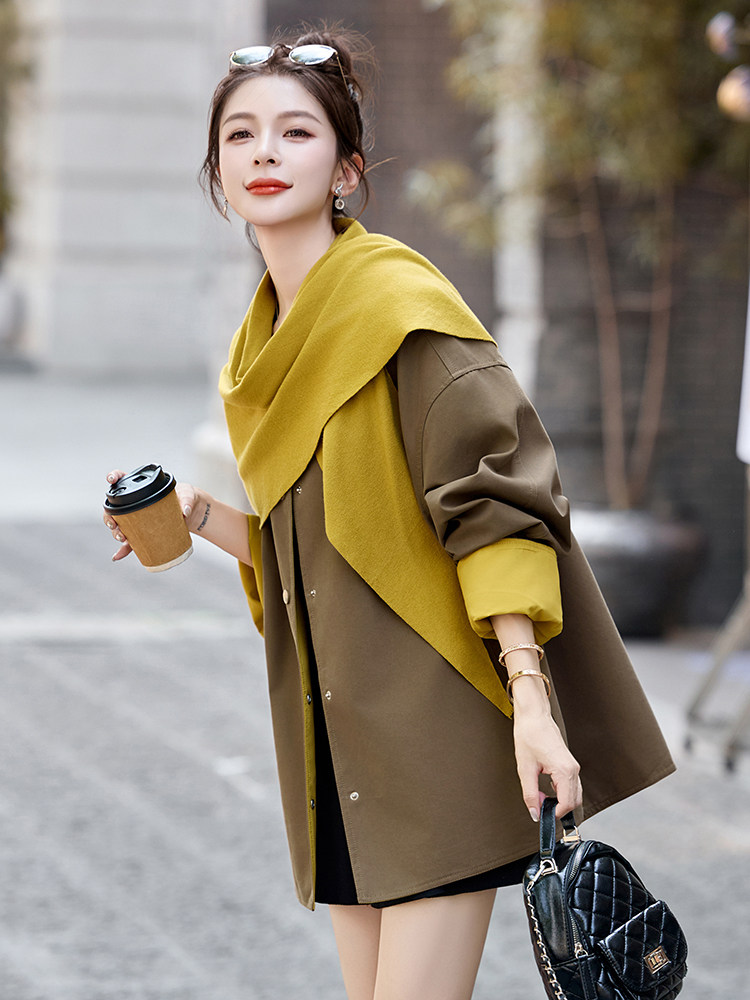 现货。现货。现货2025年秋季短外套休闲披肩围巾新款短风衣,女装短外套,艾仟回(原伊仟回)