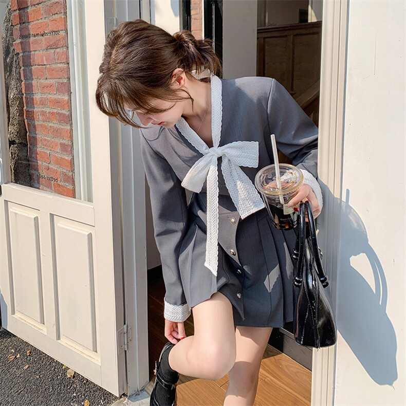 灰色设计感拼接连衣裙女2025春新款法式高腰显瘦小个子减龄百褶裙,女装套装/套裙,韩蜜菓