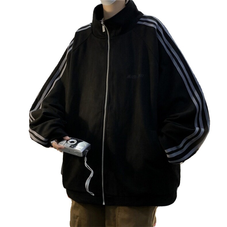 条纹麂皮绒外套男美式复古vibe立领夹克春秋季潮牌宽松休闲棒球服,男装夹克,星座506A