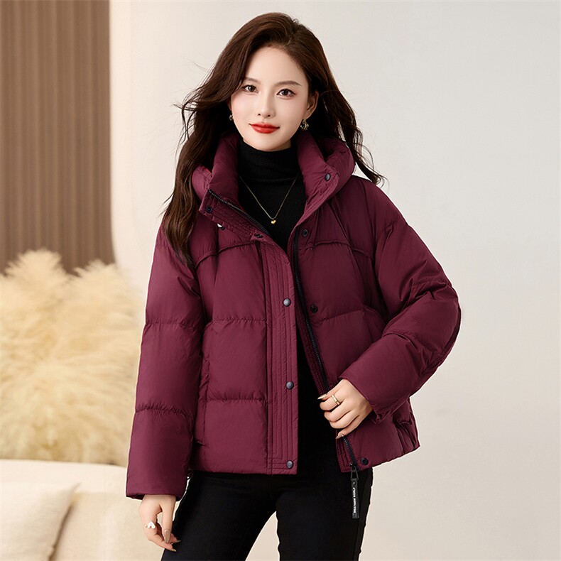 紫红色短款羽绒服女2025新款冬季时尚加厚连帽保暖白鸭绒外套,女装羽绒服,衣之秀