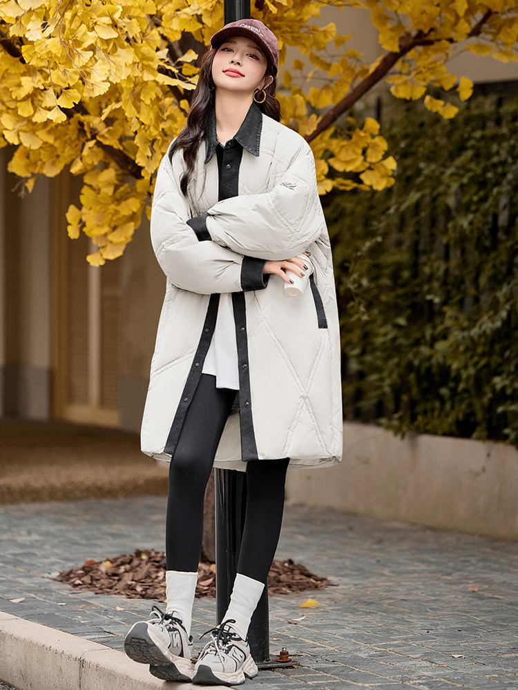 现货主推~白鸭绒羽绒服2004气质牛仔拼接大气百搭外套女装,女装羽绒服,半夏