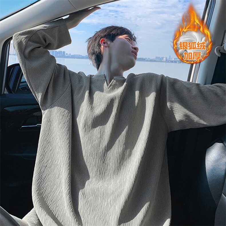 冬季450g重磅保暖银狐绒V领大码长袖T恤男T51121J加绒-特P32控59，男装T恤，电商A001