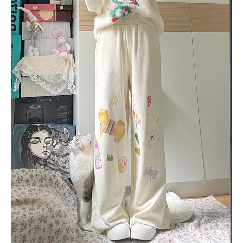 AK2382-p48休闲拖地长裤女秋装高腰宽松涂鸦阔腿裤图片
