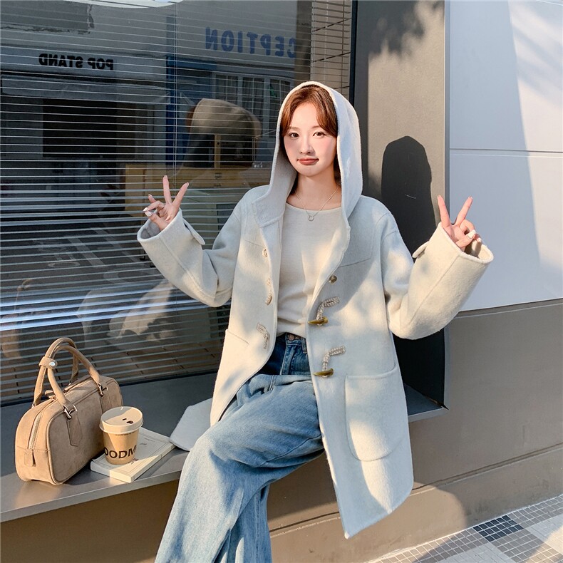 "Boom新品现货”气质牛角扣韩版连帽双面大衣2C030-9088-K280P399,女装毛呢外套,2C030