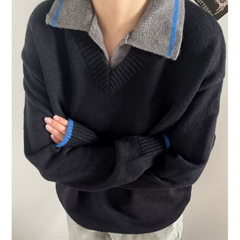 春秋衬衫领长袖t恤男薄宽松翻领针织假两件纯色上衣JM029，男装T恤，星座1116A（原606A-3）