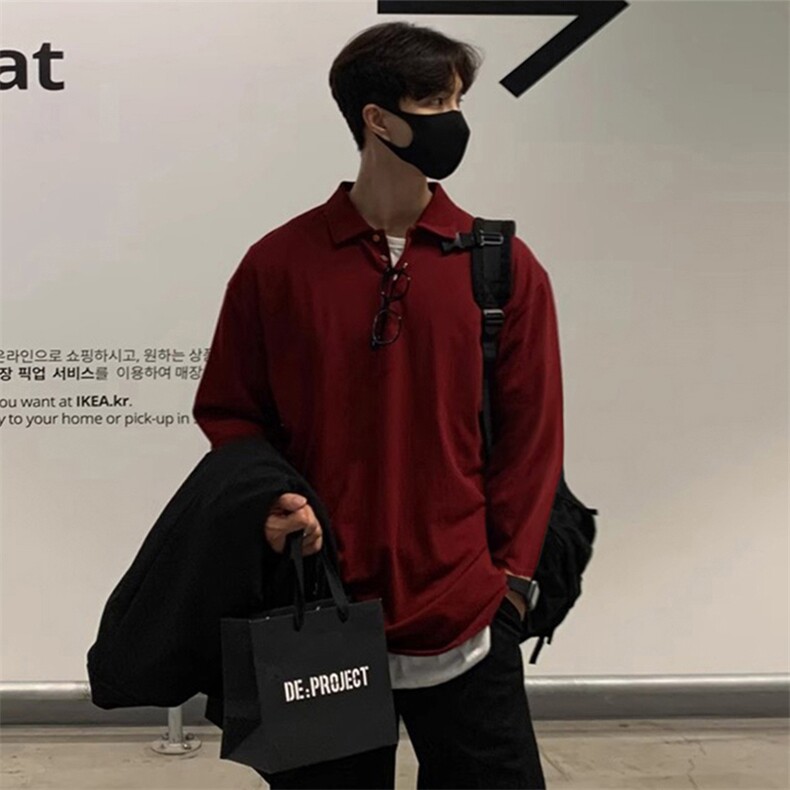 抖音得物高品质二开230克精梳珠地光版纯色宽松长袖T恤翻领POLO衫，男装T恤，电商A486