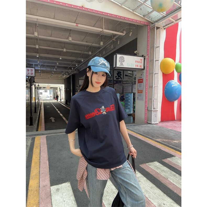 网图有货 美式字母小熊插肩藏青色宽松刺绣短袖T恤男女 A607-P35图片