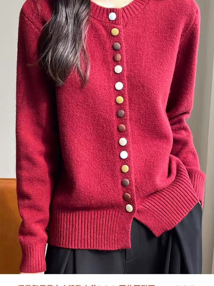 高颜值彩色纽扣针织开衫女亲肤质感圆领毛衣外套春秋叠穿长袖打底,针织衫/毛衣,鄂维那特