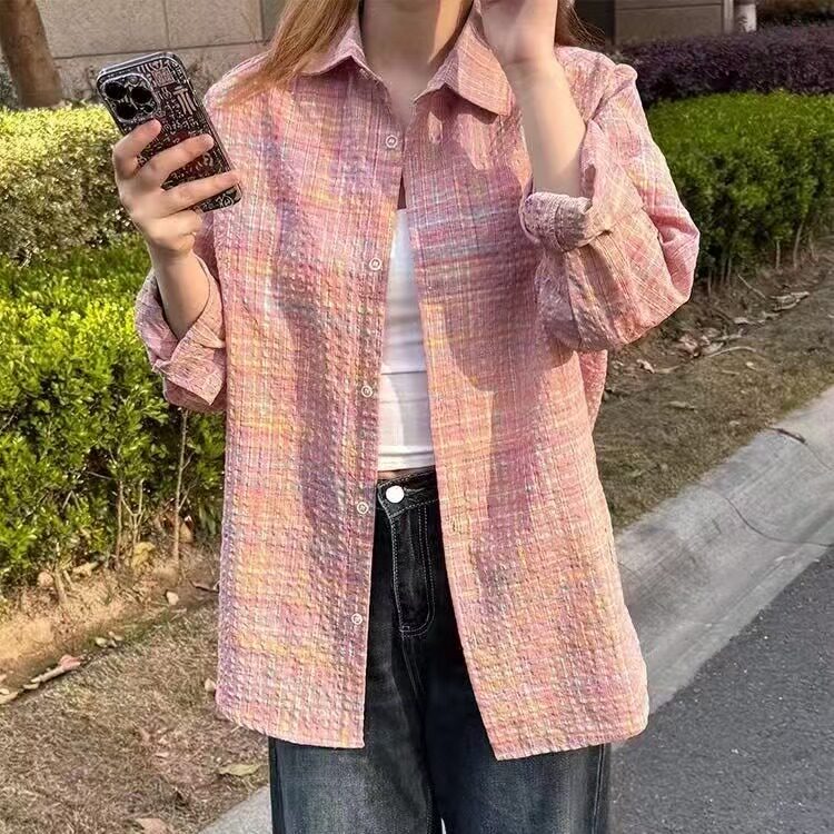 美式复古粉色格纹少女感衬衫外套女春秋休闲韩系chic港味上衣外套,男装衬衫,星座1210-1
