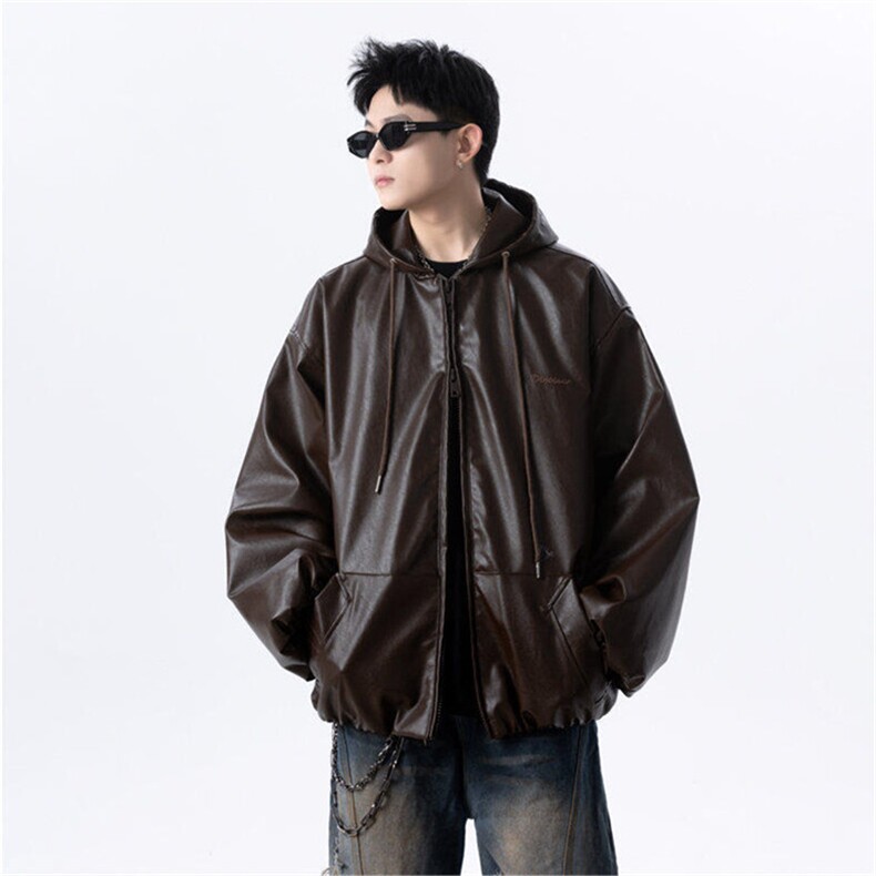 抖音同品质刺绣连帽防水皮衣双开拉链夹克上衣J2507-P90,男装夹克,星座1213