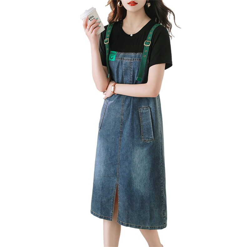 牛仔连衣裙女夏高级感气质显瘦大码胖mm2026新款拼接假两件背带裙,女装连衣裙,霓裳依族