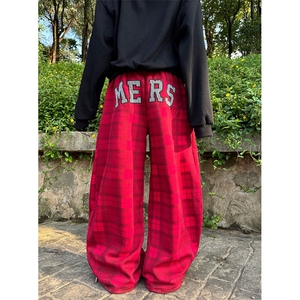 格子裤女秋季红色格纹阔腿裤宽松运动显瘦休闲裤拖地长裤 K5359图片