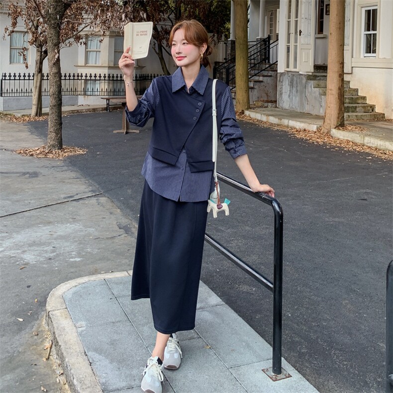 深蓝色假两件拼接条纹衬衫套装裙女春秋新款韩系气质显瘦两件套潮,女装套装/套裙,2C115