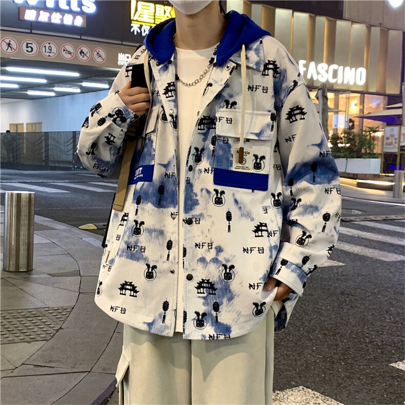 2024春秋款拼接假两件连帽夹克男潮牌印花工装A436-D1202-P73,男装夹克,电商A436