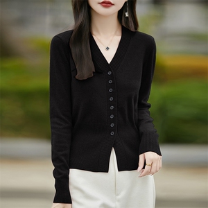 法式V领简约设计感长袖针织开衫外套女修身显瘦毛衣短款外搭上衣图片